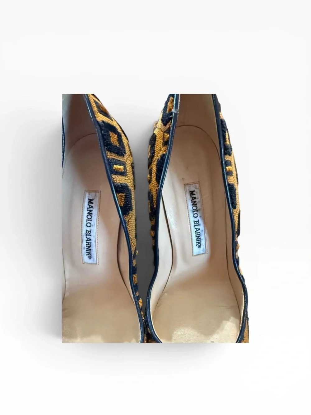 Manolo Blahnik Woven Geometric Block Heel Pumps Mustard & Black EU 38.5 US 8.5